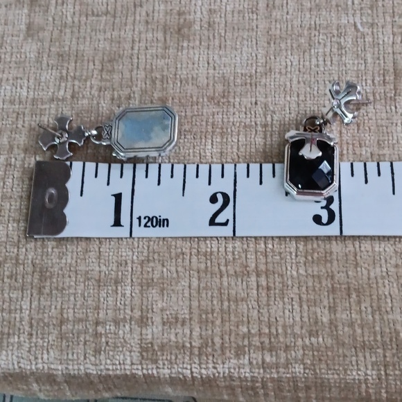 Silver Tone Cross Black Onyx Dangle Earrings - Picture 3 of 6